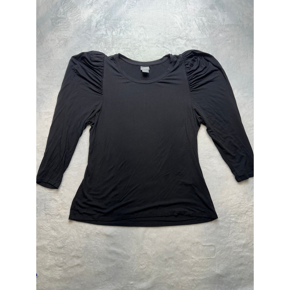 Chicos Black Puff Sleeve Top 3/4 Sleeve Scoop Neck Jersey Shirt Size 1 M - 178